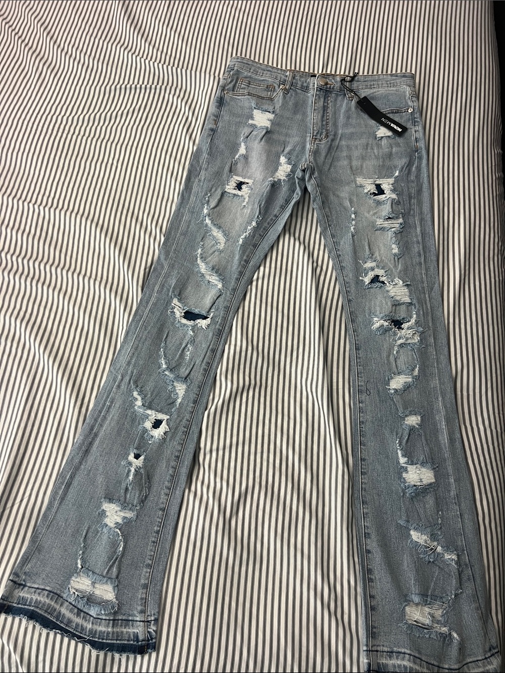 Fashion Nova Light Blue Distressed Bootcut Jeans